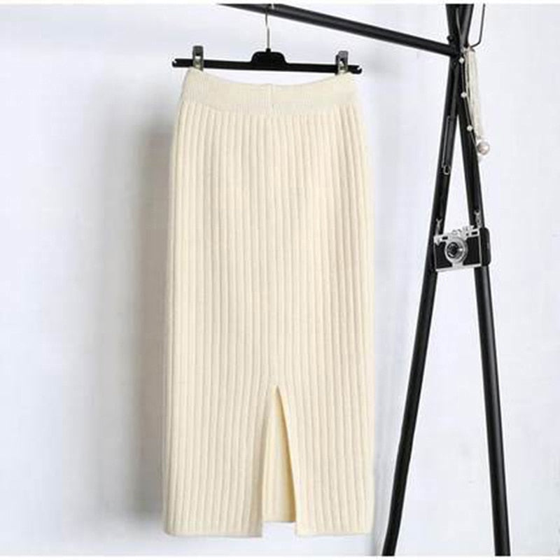 Knit Pencil Skirt Women High Waist Elastic Skirts