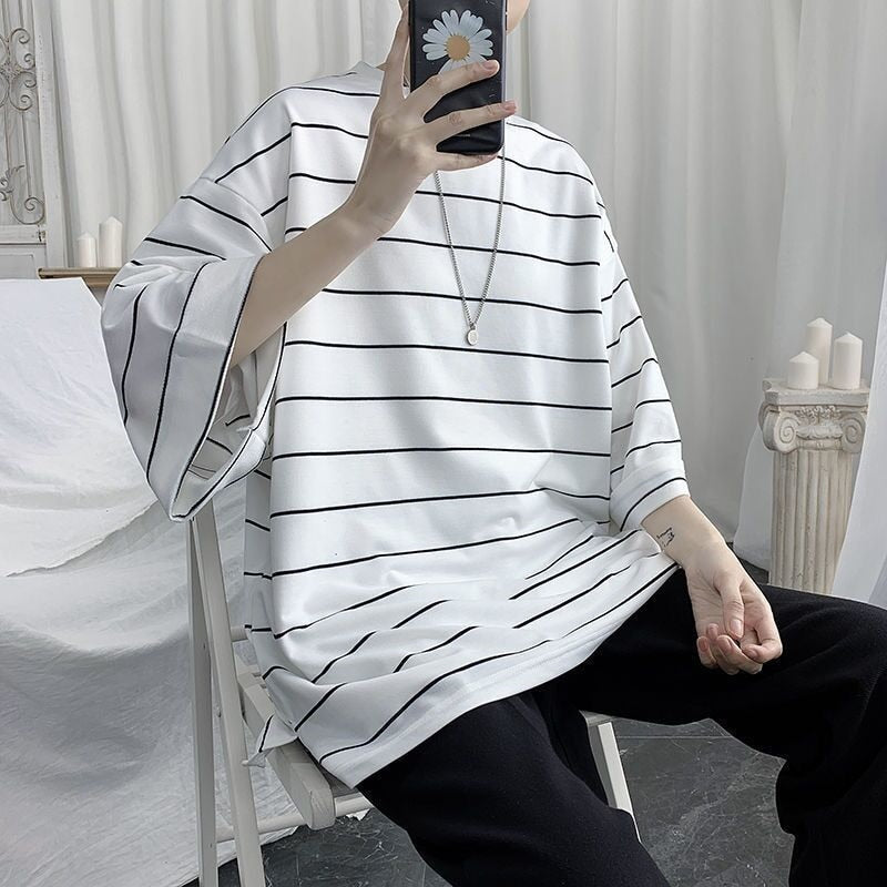 Oversized T-Shirt Men Funny Striped Hip Hop Loose Half Sleeve T Shirts