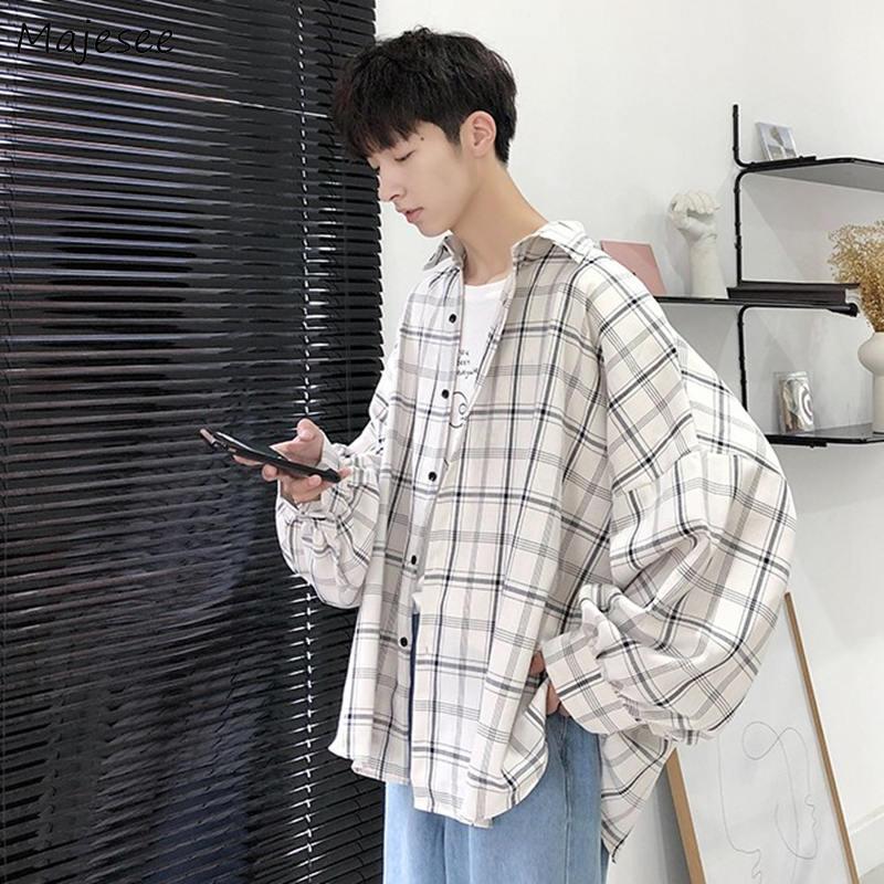 Men Casual Shirts Plaid Single Breasted Long Sleeve Loose Thin