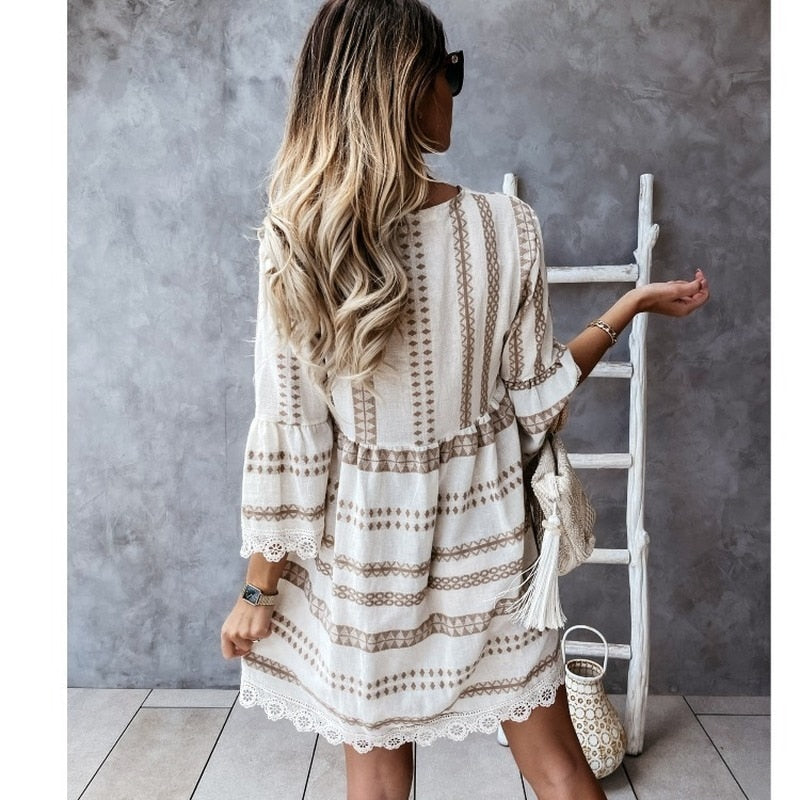 Women Striped Print Long Sleeve Beach Loose Bohemian Mini Dress