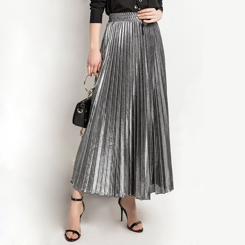 fashion women clothes high waist A-line pleated sliver vintage elastic long