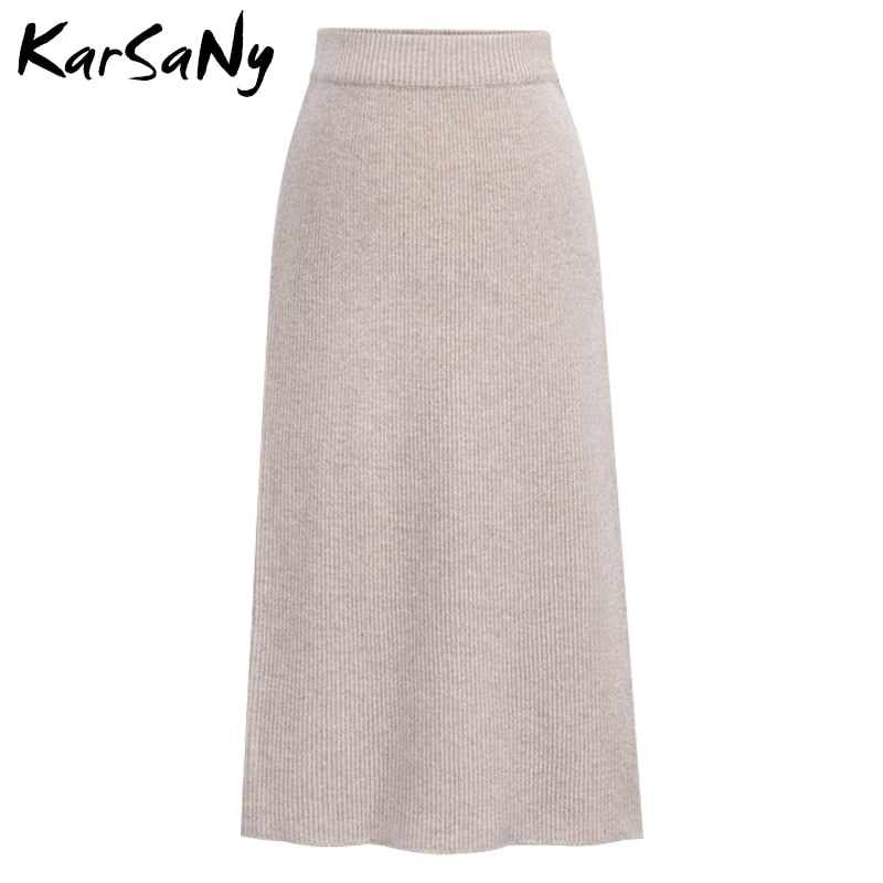 Knit Pencil Skirt Women High Waist Skirts Women Split Midi Skirt