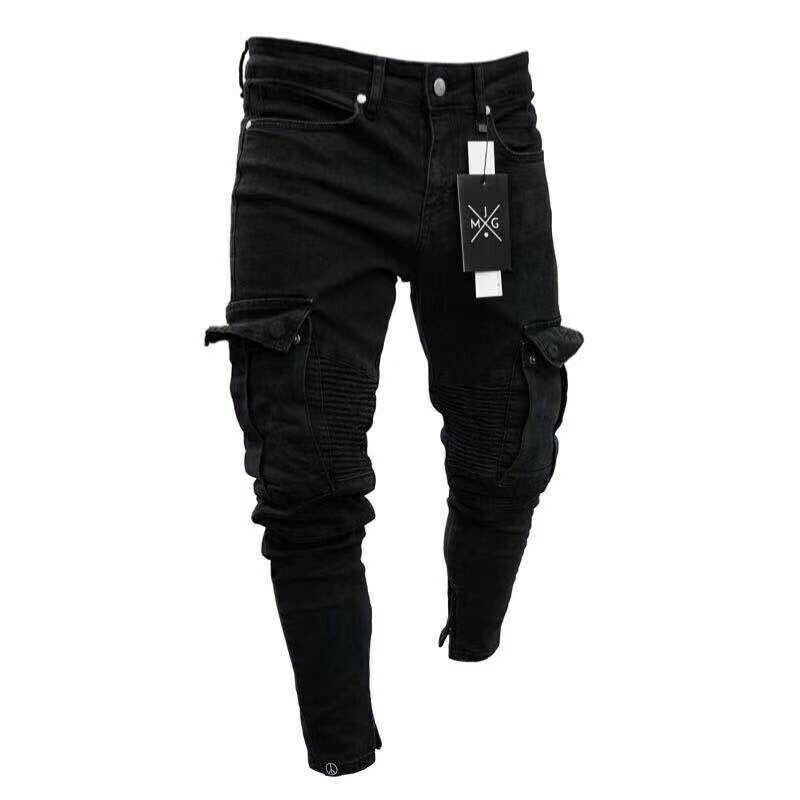 Mens Slim Fit Urban Straight Leg Trousers Denim Casual Pencil Jogger Pants