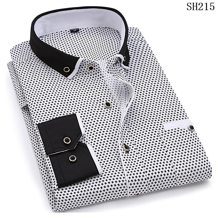 Print Casual Men Long Sleeve Button Shirt Pocket Soft Comfortable Slim Fit