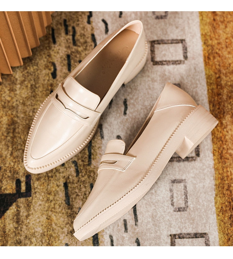 pointed toe small leather shoes women flats shallow slip on loafers