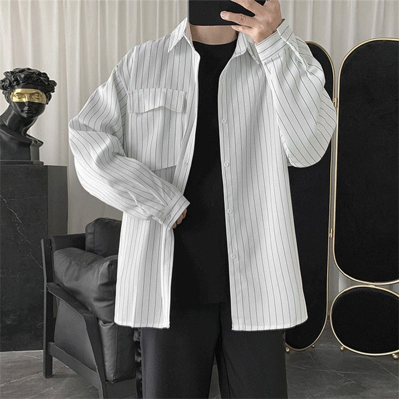 Striped Shirt Jacket Men Casual Gothic Long-Sleeved Shirt Tops