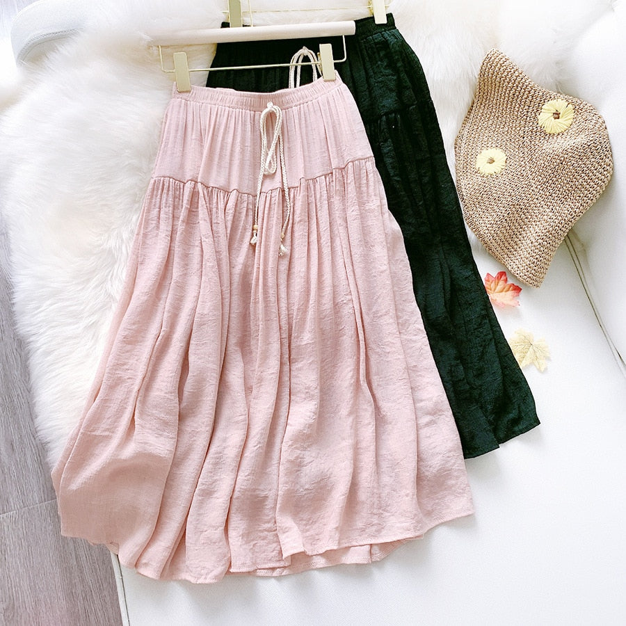 Linen Cotton Pleated Skirt Women Elastic High Waist Long Skirts