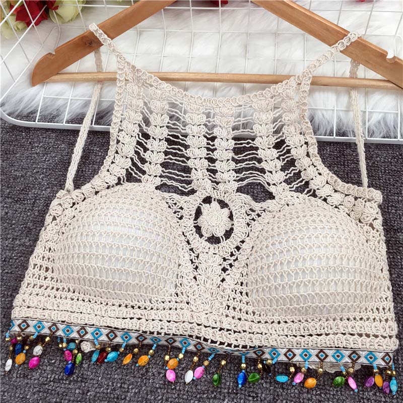 Hollow crochet flowers crop tops sexy V neck knitted camis