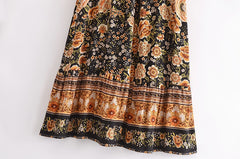 2021 Bohemia Black Orange Floral Print Long Skirt Spliced Ruched Ruffle