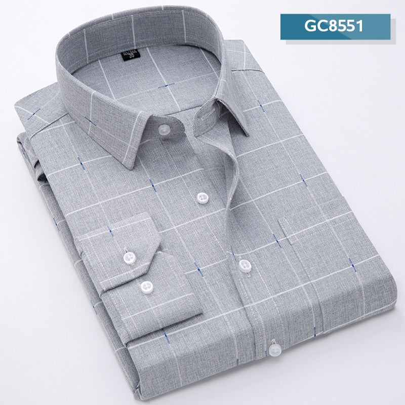 Shirts Men Long Sleeve Formal Classic Plaid Soft Comfortable Single Pocket Button