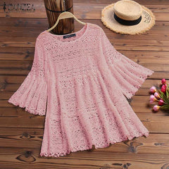 Lace Crochet Blouse Flare Sleeve Hollow Out Shirts