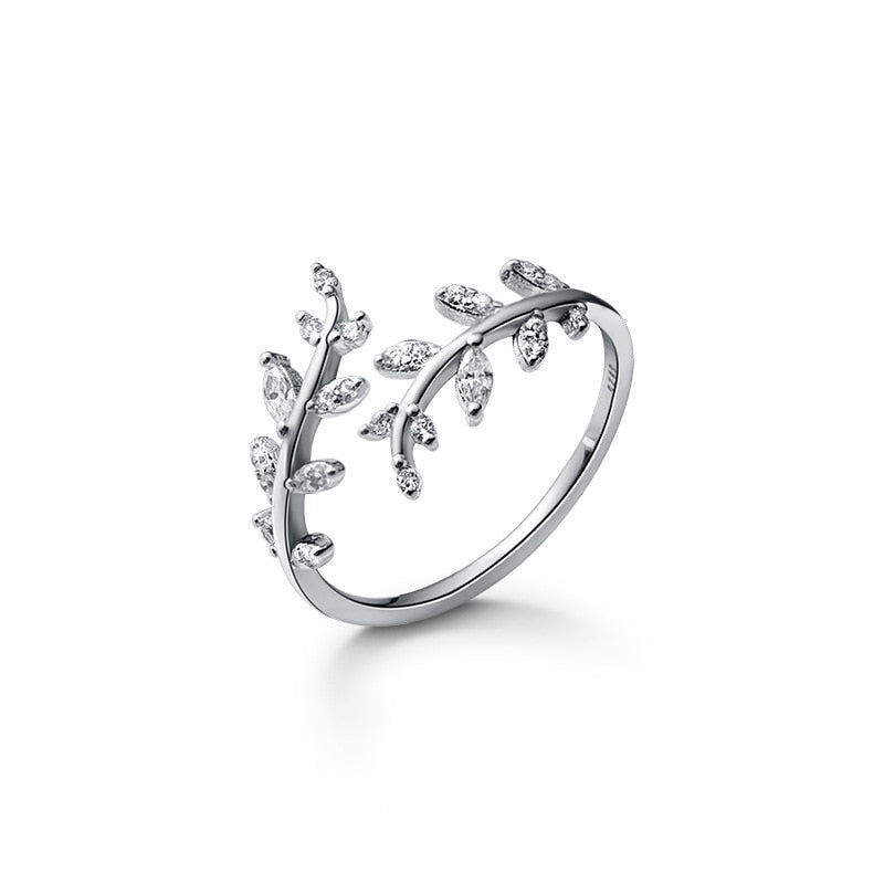 Sweet Romantic Zircon Open Branch Small Leaf Adjustable Ring