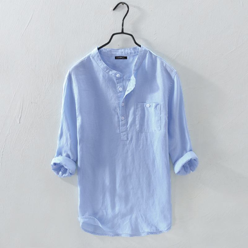 Men Shirt 3/4 Sleeve Stand Collar Harajuku Tops Shirts