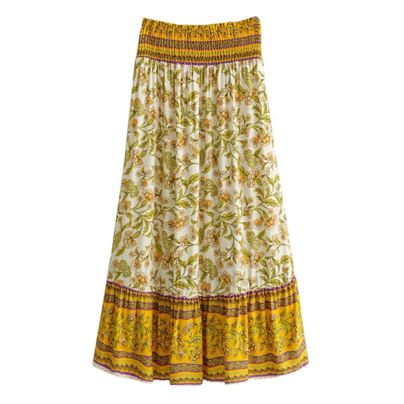 Bohemia Yellow Contrast color Floral Print Long Skirt