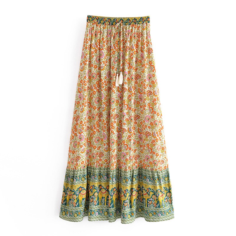 Bohemia Floral Print Long Skirt Spliced Ruched Ruffle Hem Hippie