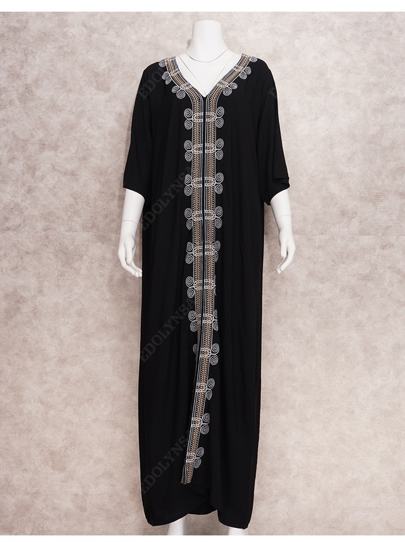 Elegant Gold Embroidered Kaftan Retro V-neck White Dress