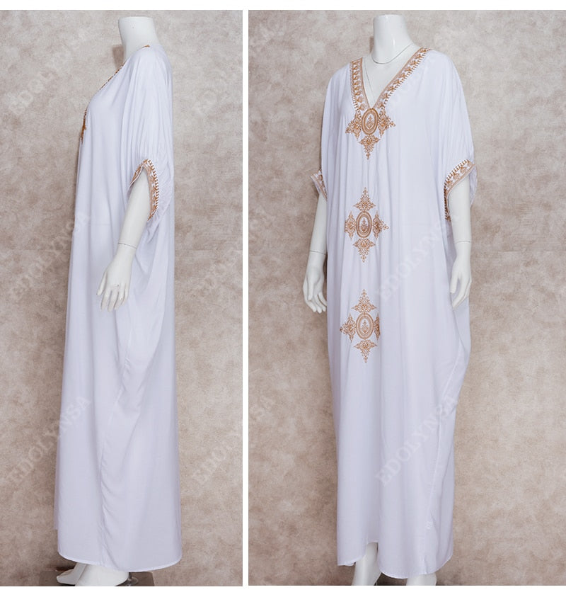 Elegant Gold Embroidered Kaftan Retro V-neck White Dress