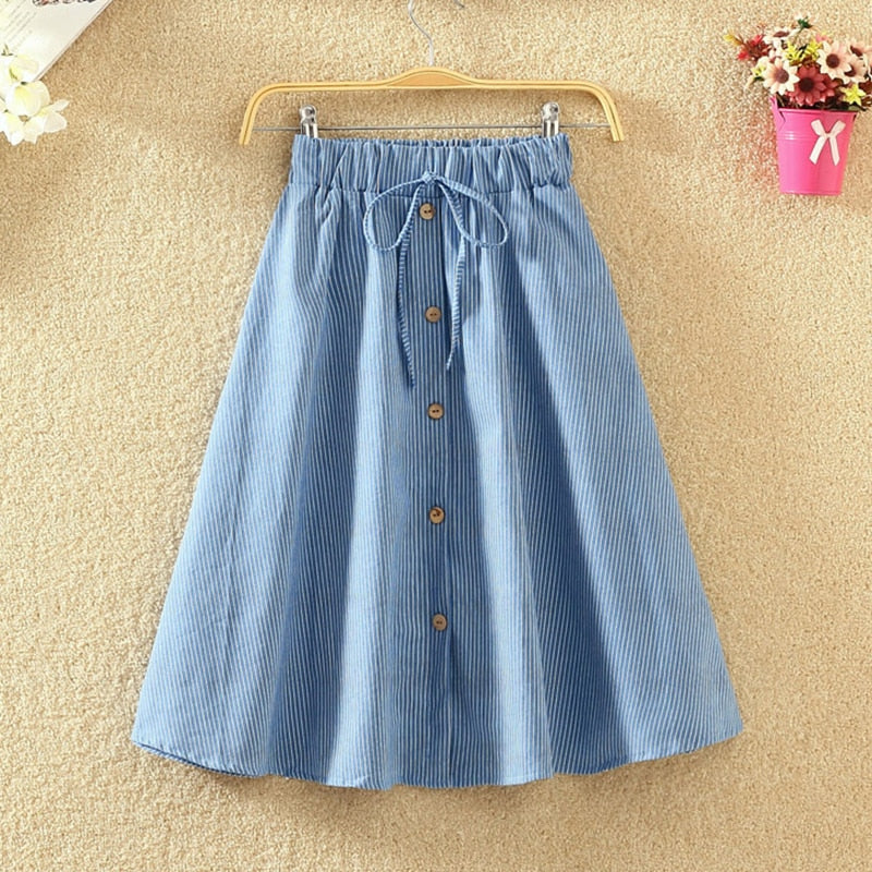 Knee Lenth Denim Skirt WomenStriped High Waist