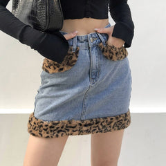 Streetwear Faux Fur Leopard Print Denim Skirt Mini Fashion Vintage