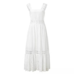 Fashion Lace  Cotton Sleeveless White Hollow Out Boho Maxi Sundress