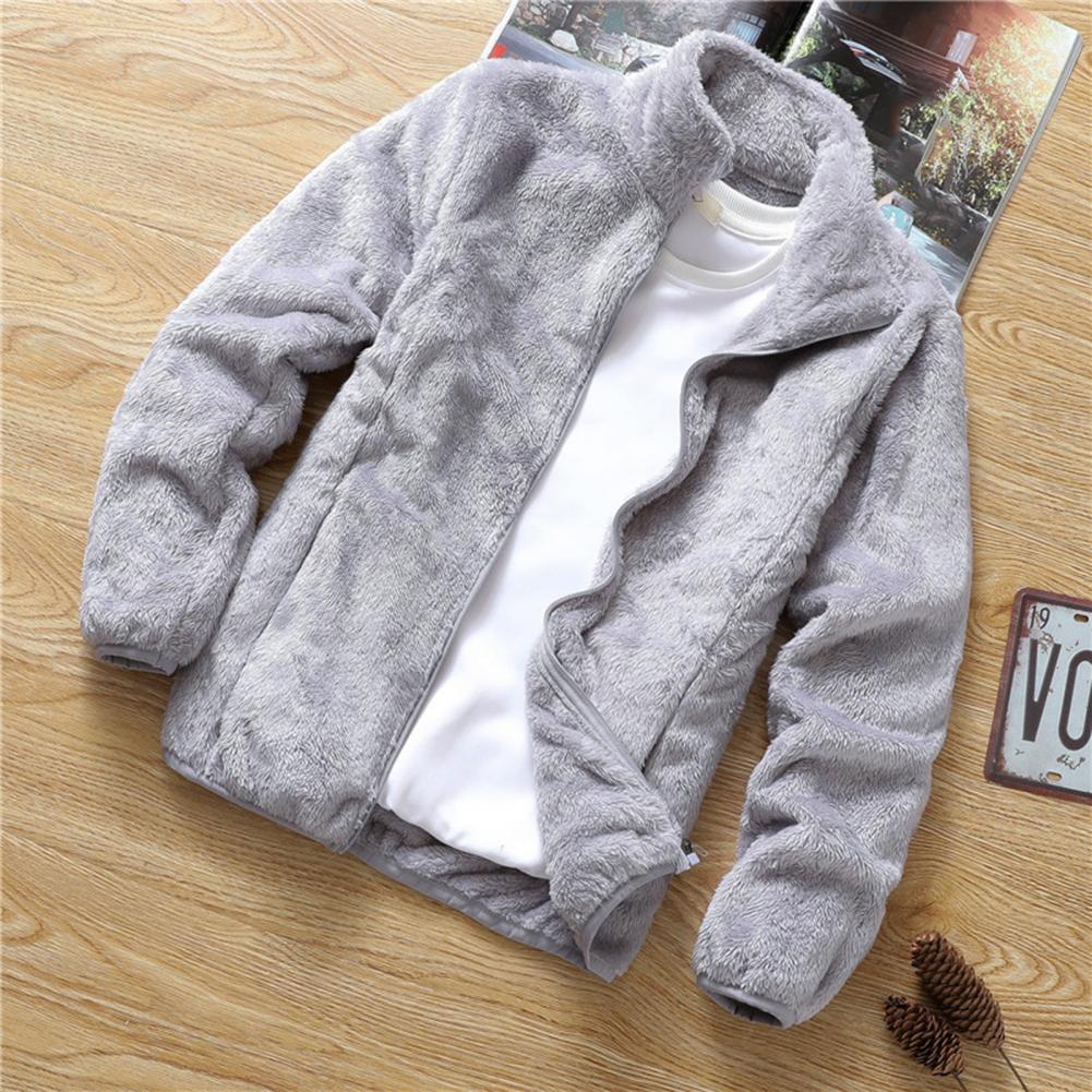 Men Coat Zipper Side Pockets Fleece Double Jacket Stand Collar Warm Jacket