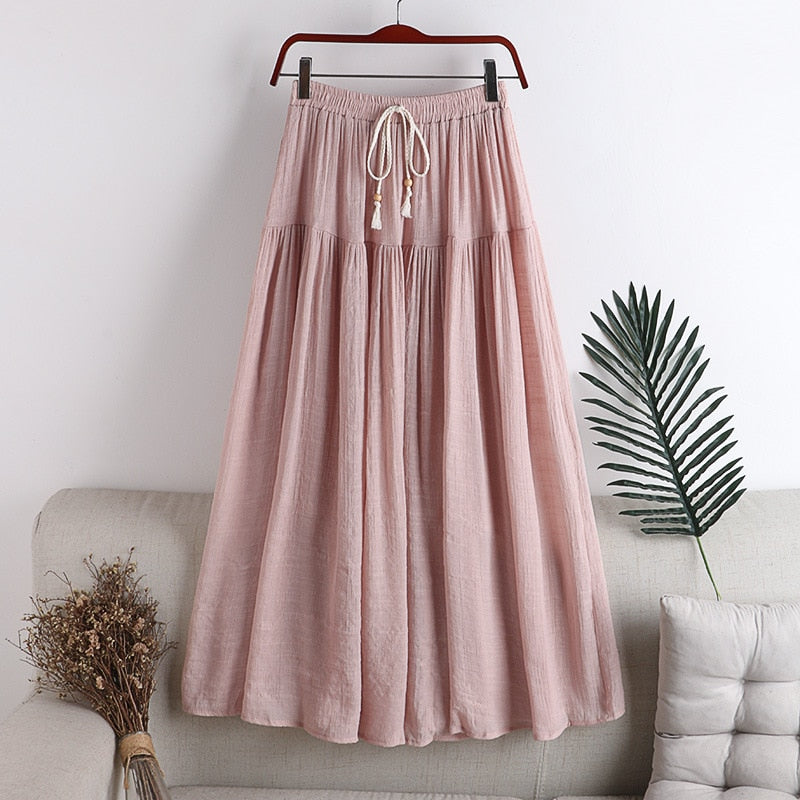 Linen Cotton Pleated Skirt Women Elastic High Waist Long Skirts