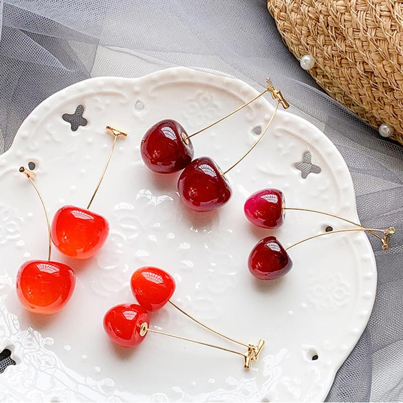 Style Sweet Gold Color Fresh Fruit Red Cherry Drop Earrings