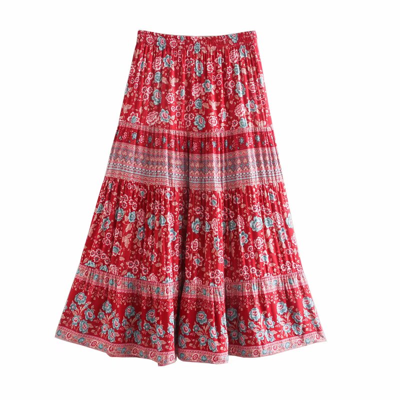 Bohemian Floral Print Skirts Elastic Waist Ruffle Midi Skirt Vintage