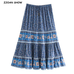 Bohemian Stream Flower Print Long Skirt Stitching Ruched Ruffle