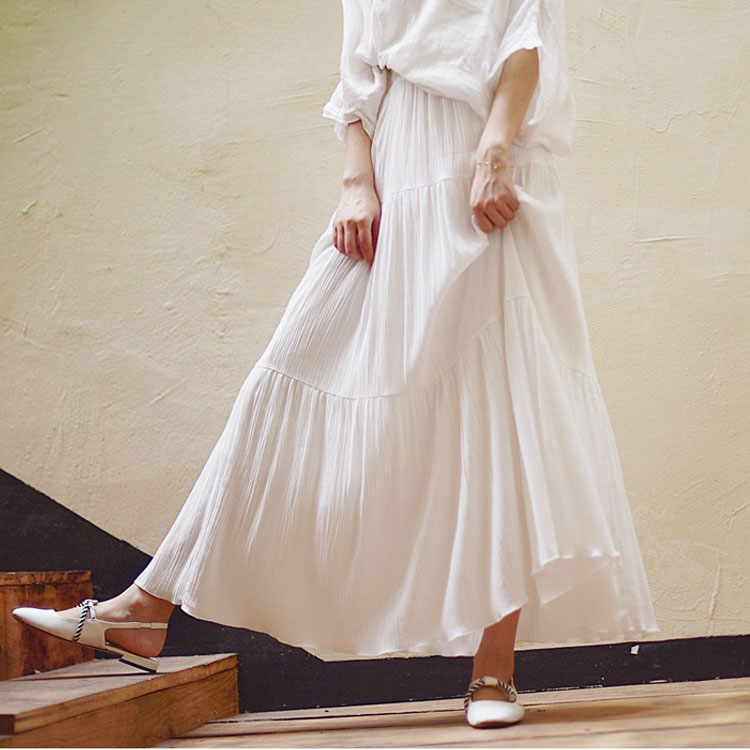 White Long Skirt High Waist Stretch Cotton And Linen Skirts