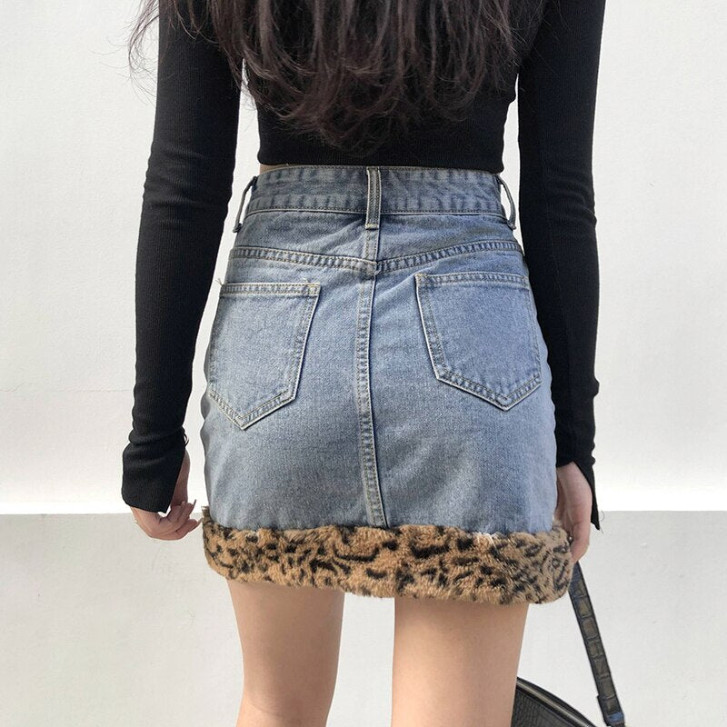 Streetwear Faux Fur Leopard Print Denim Skirt Mini Fashion Vintage