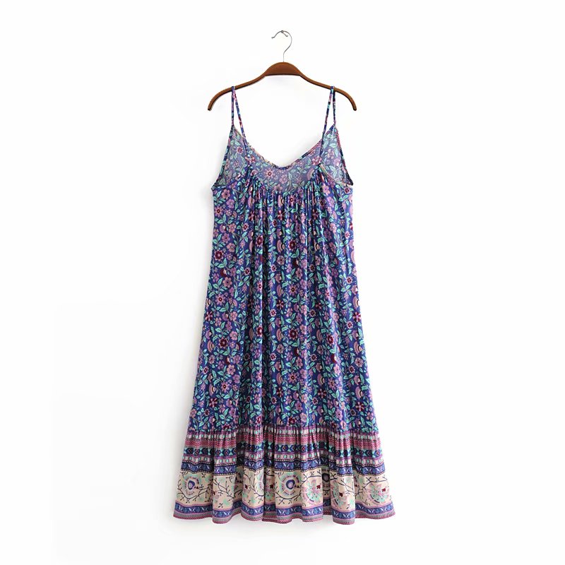 Vintage Women Floral Print  Sleeveless Beach Bohemian Strap Dresses Ladies Summer Rayon Boho Midi Dress Vestidos