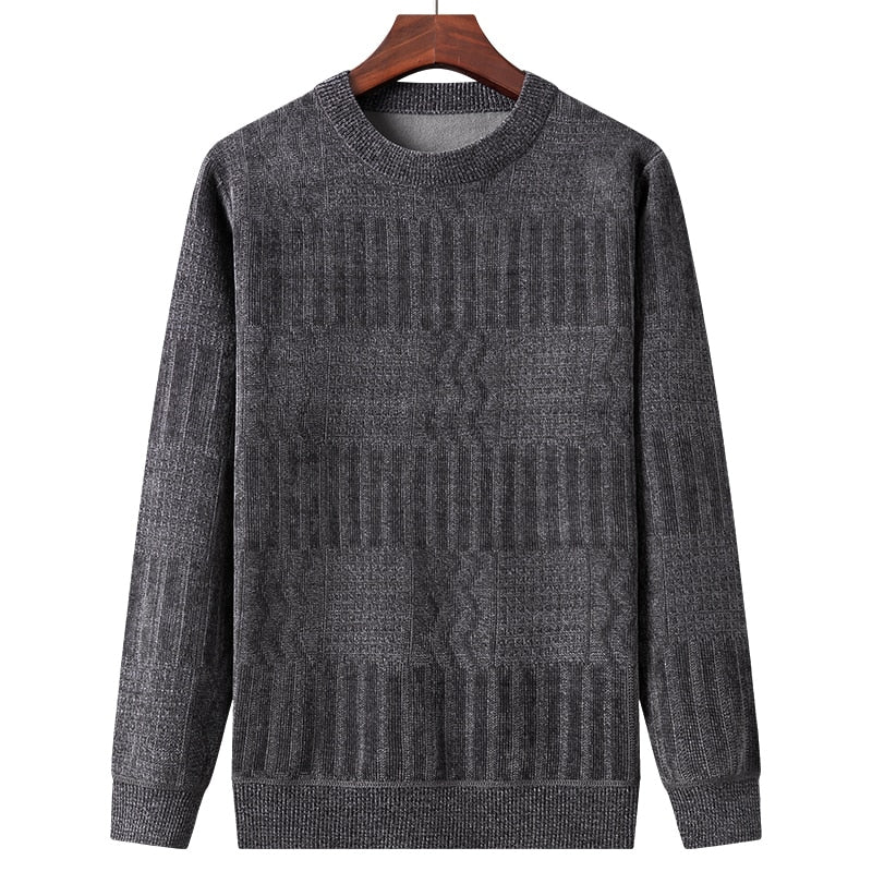 Sweater Men Winter Fleece Thick Warm Pullovers Slim Fit Striped Knitted Sweater