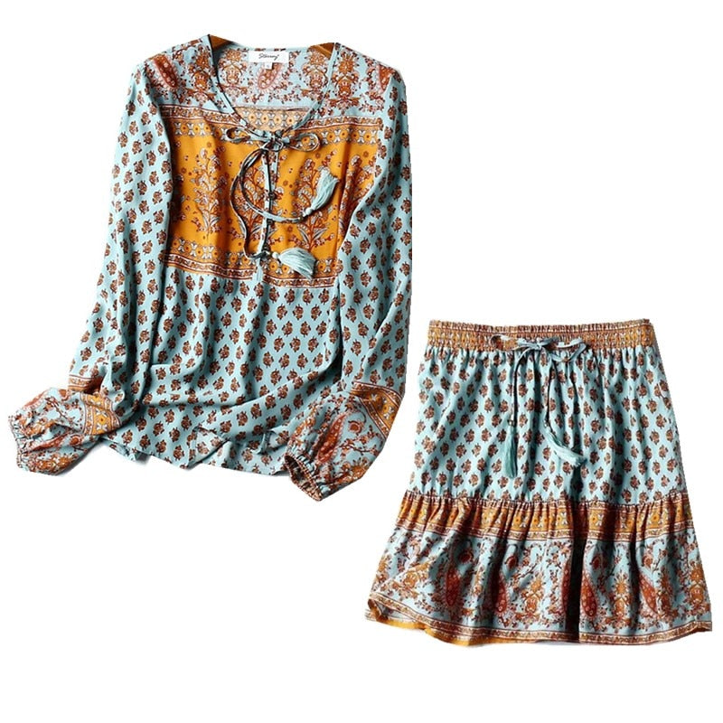 Bohemian Lacing up Tassel Floral Shirt Blouse Holiday 2 Pieces Set