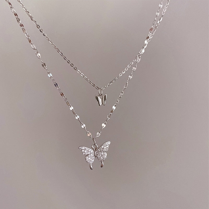 Shiny Butterfly Ladies Double Layer Clavicle Chain Necklace