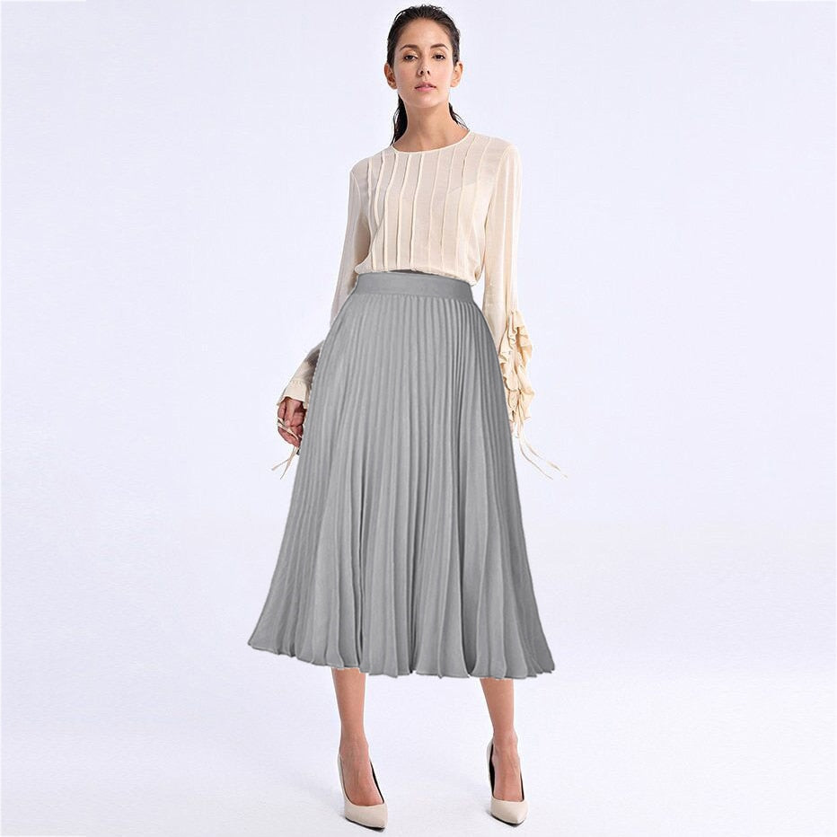 Fashion Women High Waist Pleated A-line Swing Skirt Multi Color Mid Calf Elastic Skirt