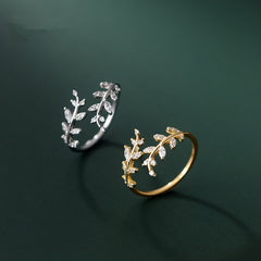 Sweet Romantic Zircon Open Branch Small Leaf Adjustable Ring