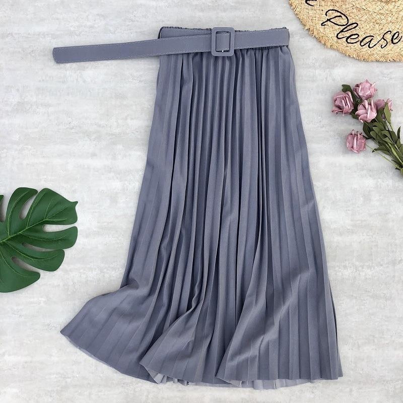 High Waist Women Skirt Casual Vintage Solid Belted Pleated Midi Skirts