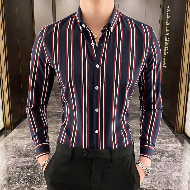 Long Sleeve Striped Shirts Men Simple Slim Fit Business Office Blouse