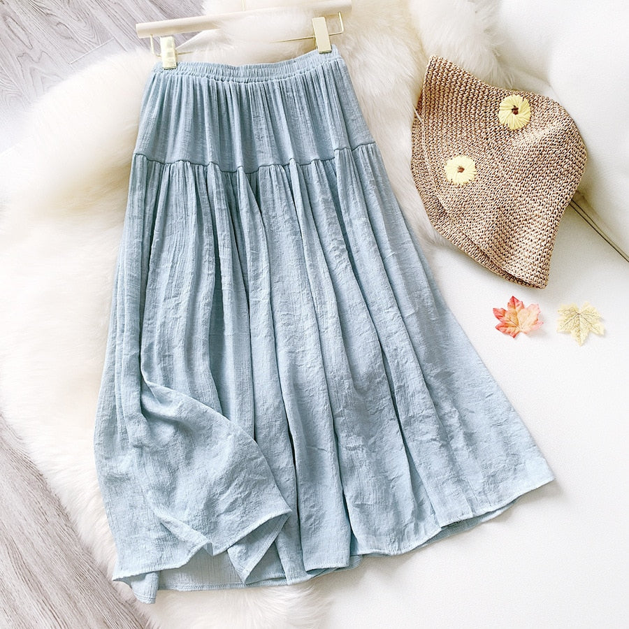 Linen Cotton Pleated Skirt Women Elastic High Waist Long Skirts