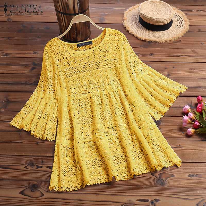 Lace Crochet Blouse Flare Sleeve Hollow Out Shirts