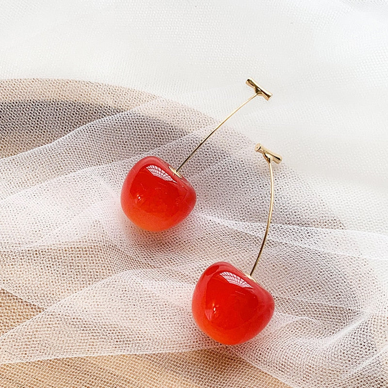 Style Sweet Gold Color Fresh Fruit Red Cherry Drop Earrings