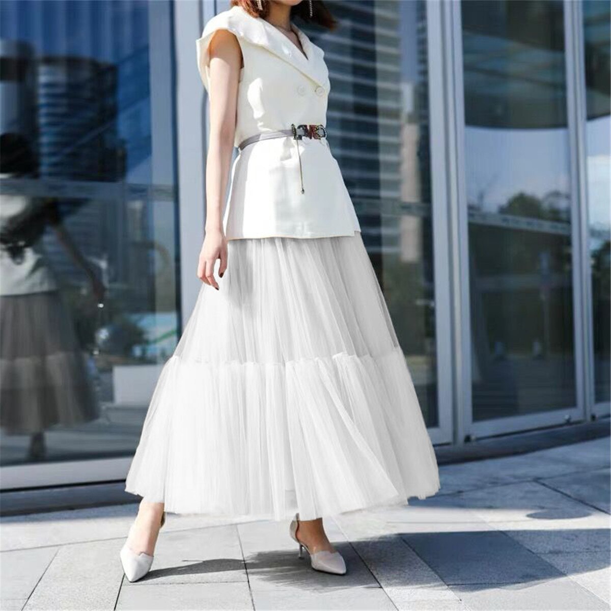 90 cm Luxury Soft Tulle Skirt Hand-made Maxi Long Pleated Skirts