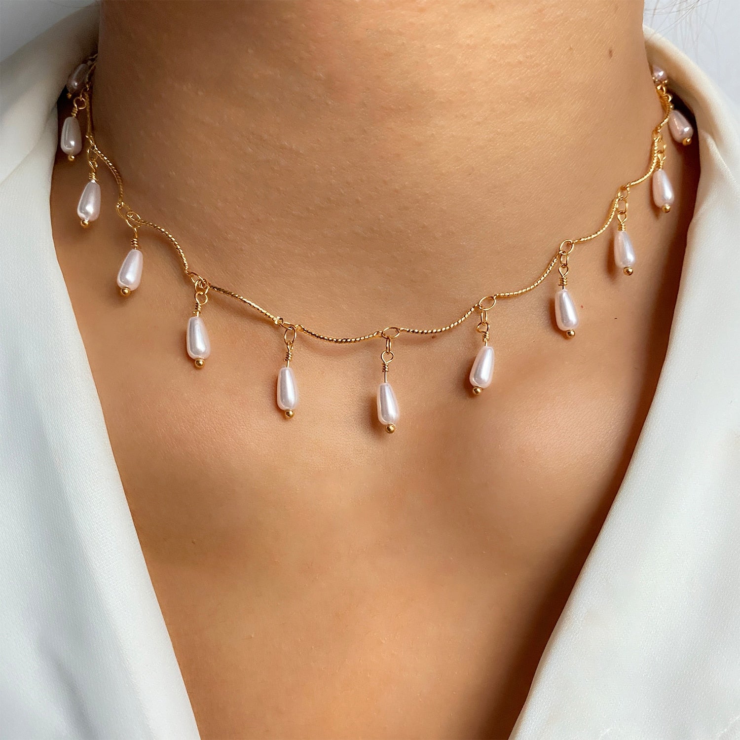 Dainty Pearl Flower Bow-knot Choker Necklace Long Chain Pearl Heart