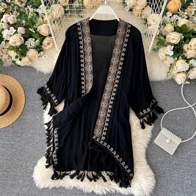 Women Long Kimono Shirt Ethnic Bohemian Vintage Embroidery