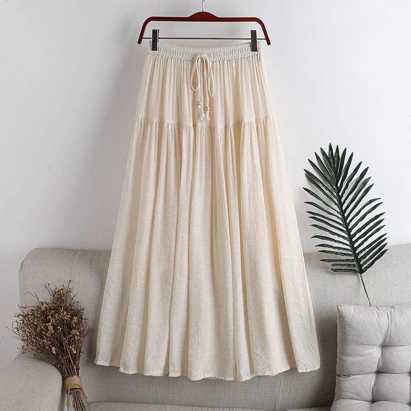 Linen Cotton Pleated Skirt Women Elastic High Waist Long Skirts