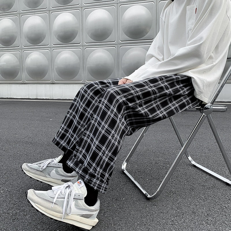 Men Casual Pants Plaid Ankle Length Loose Wide Leg Elastic Waist Trousers