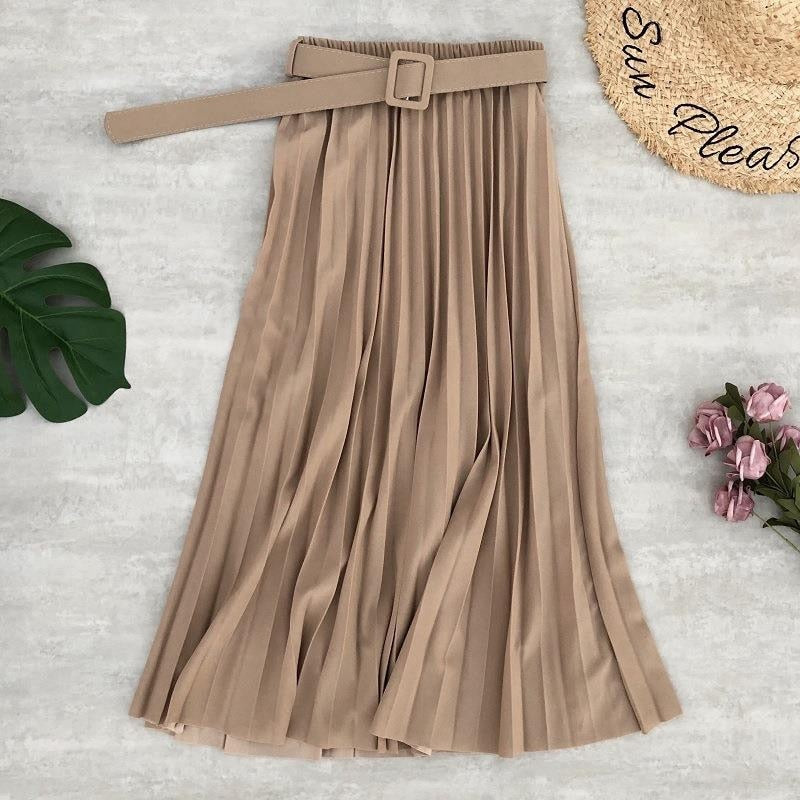 High Waist Women Skirt Casual Vintage Solid Belted Pleated Midi Skirts