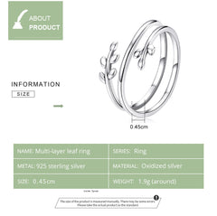 Adjustable Open Ring 925 Sterling Silver New Trendy Multilayer Leaf Ring