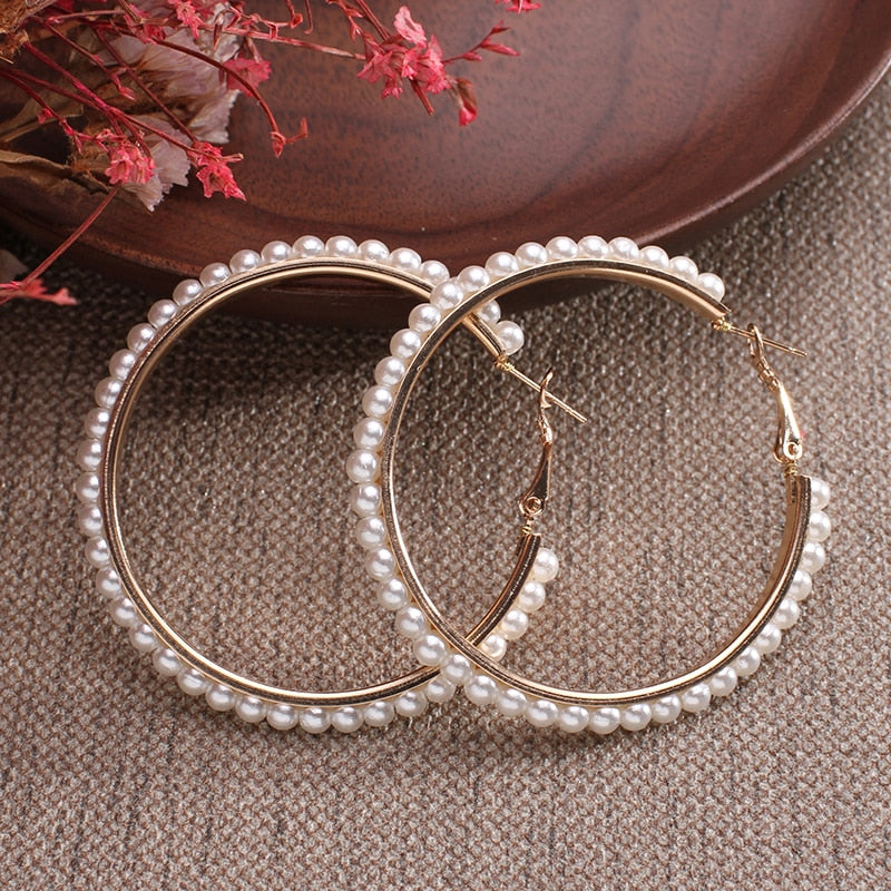 Simple Plain Metal Pearl Hoop Earrings Fashion Big Circle Hoops